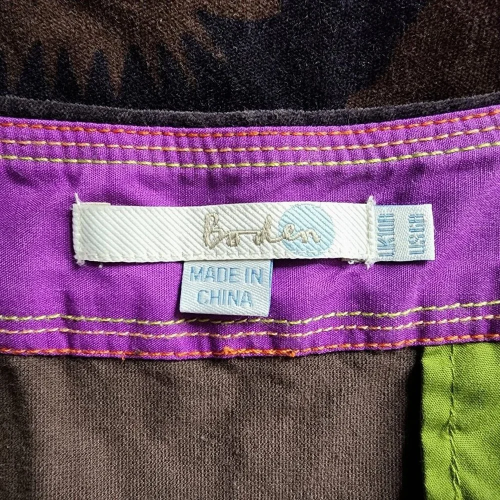 Boden Brown Velvet A-Line Tulip Skirt Floral Pockets Cotton Stretch